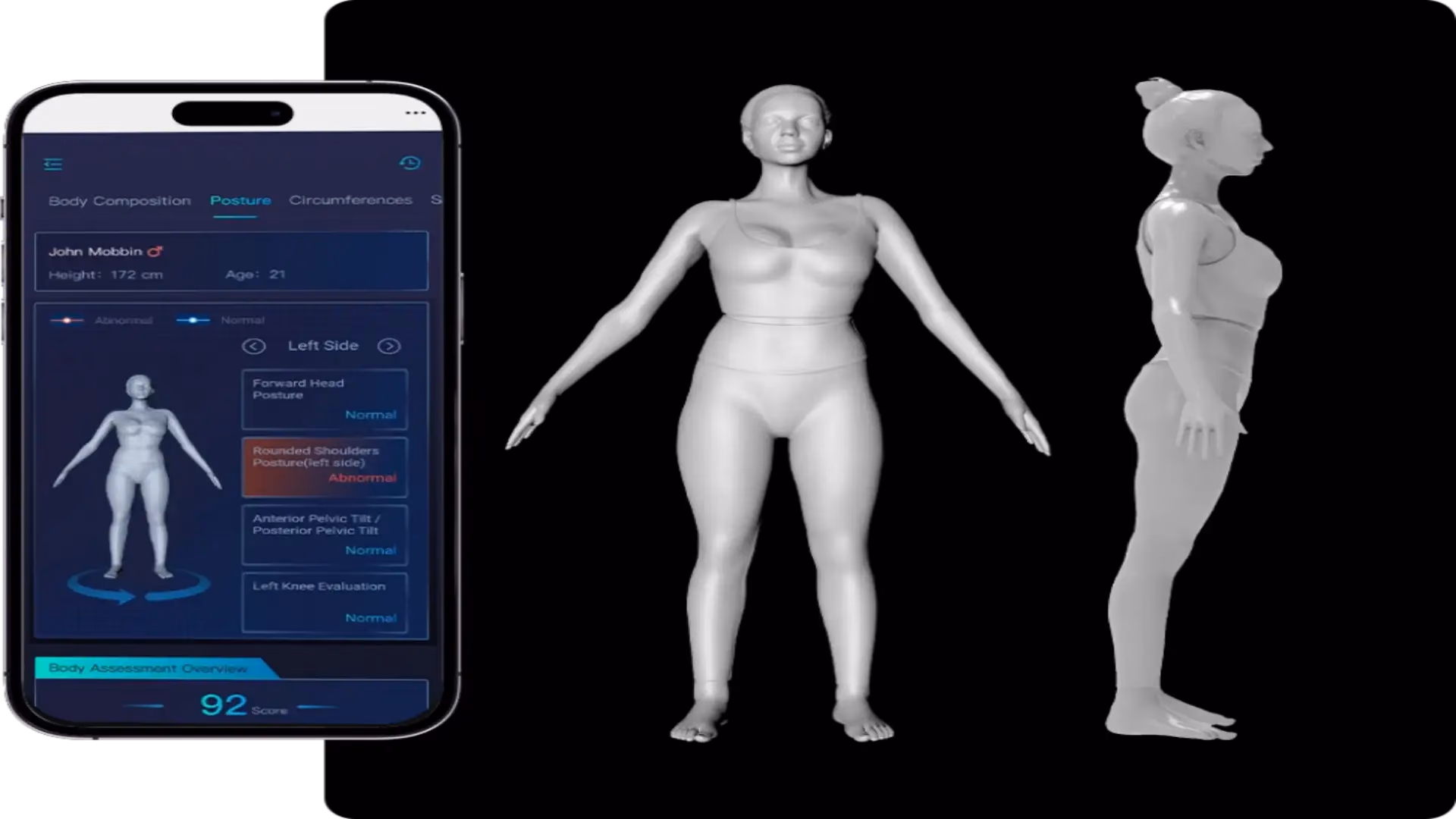 Smartphone mit Haltungsbericht neben einem 3D-Körpermodell in Vorder- und Seitenansicht