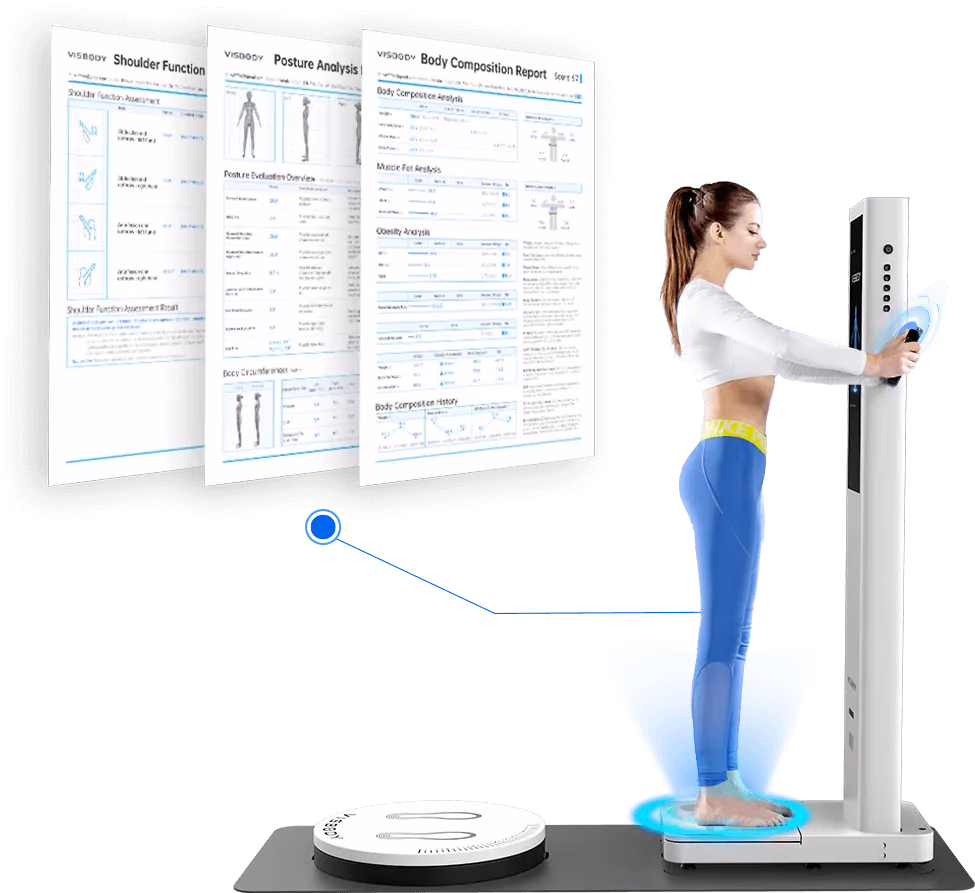 Frau hält die Handelektroden des Visbody-R Explorer, daneben Berichte zu Körperzusammensetzung, Haltung und Schulterfunktion