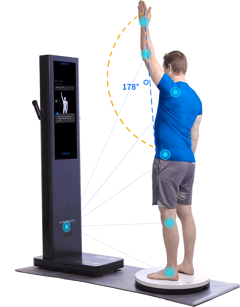 Mann hebt den Arm beim Schulterfunktionstest, der Visbody-R Explorer misst den Bewegungswinkel