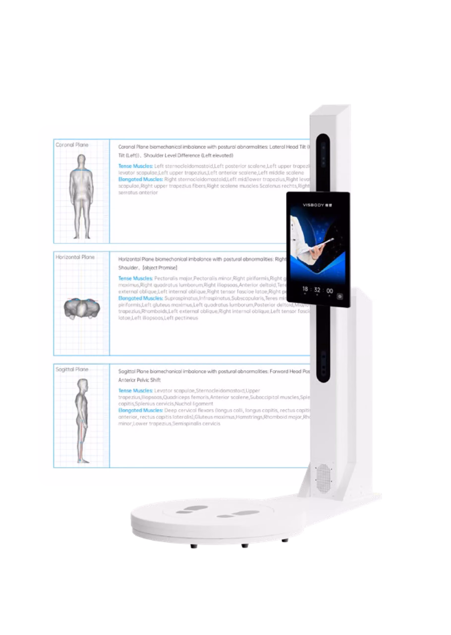 Visbody-Scanner mit Bildschirm neben mehrseitigen Auswertungsberichten