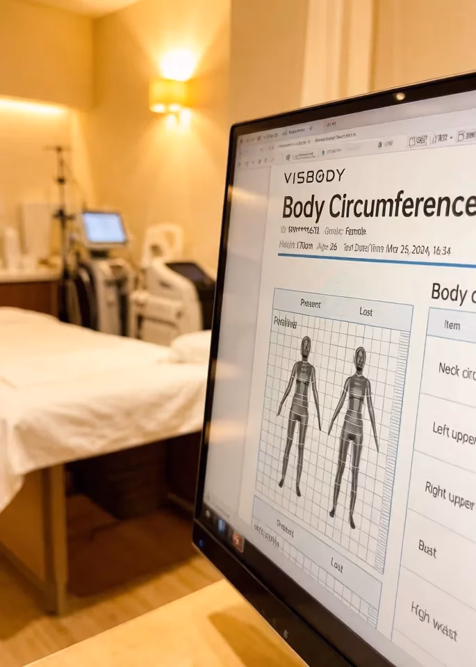 Monitor mit Visbody-Bericht zum Körperumfang in einem Behandlungsraum