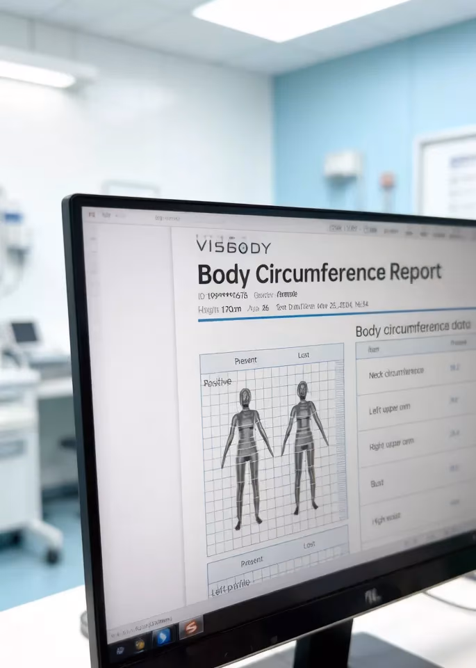 Monitor mit Visbody-Bericht zum Körperumfang in einem Behandlungsraum