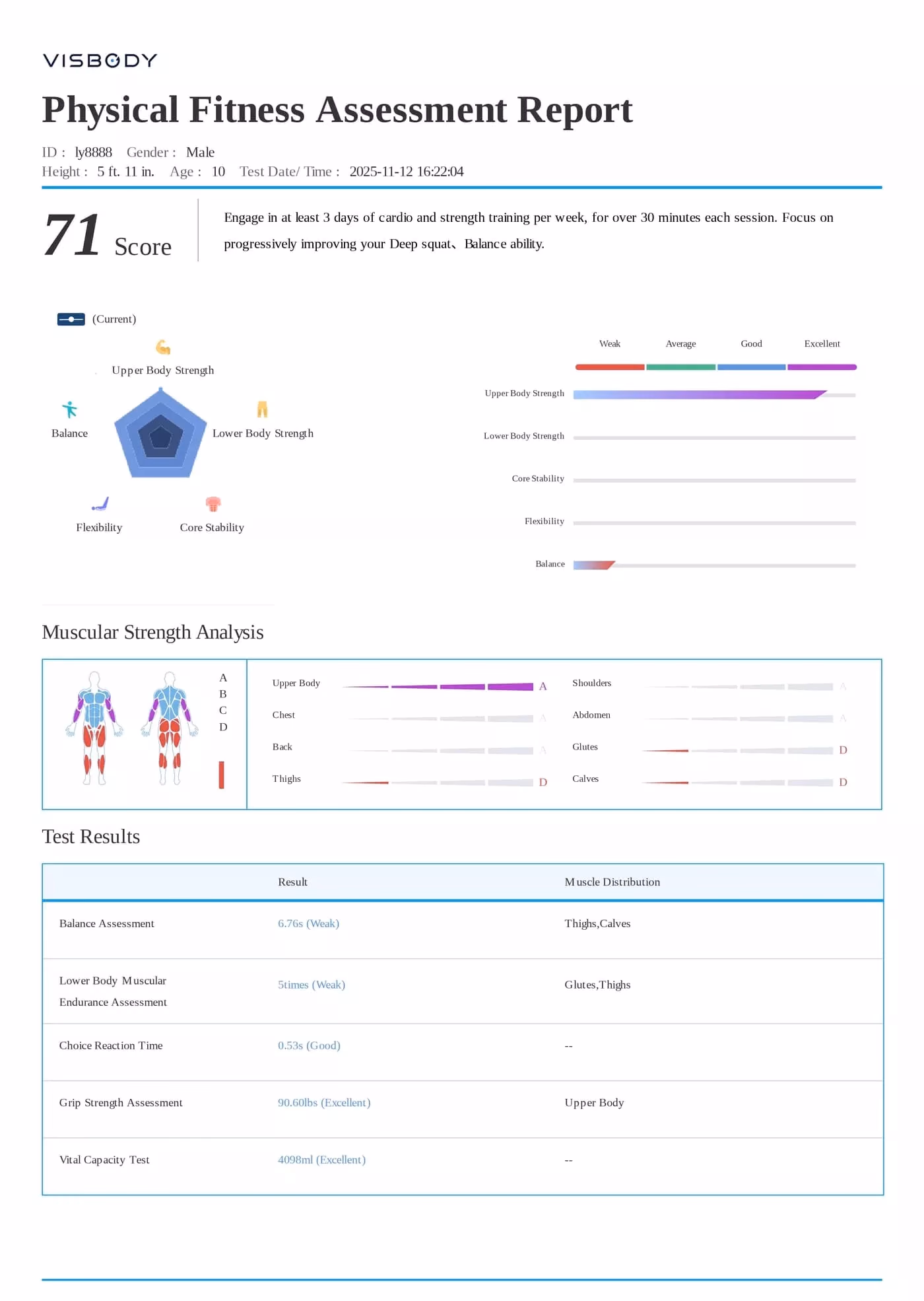 Visbody-Bericht zur körperlichen Fitness mit Gesamtpunktzahl und Netzdiagrammen zu Kraft und Balance
