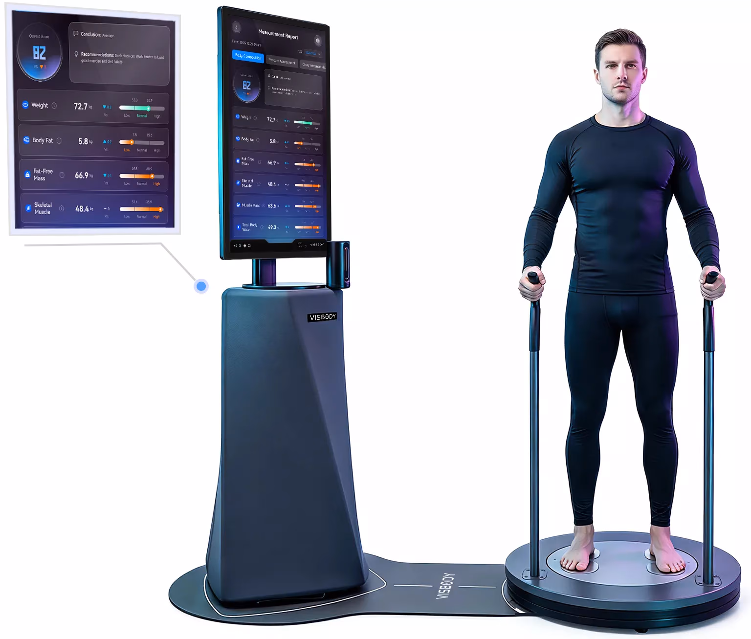 Mann hält die Handelektroden eines Visbody-Scanners während der Körperzusammensetzungsanalyse