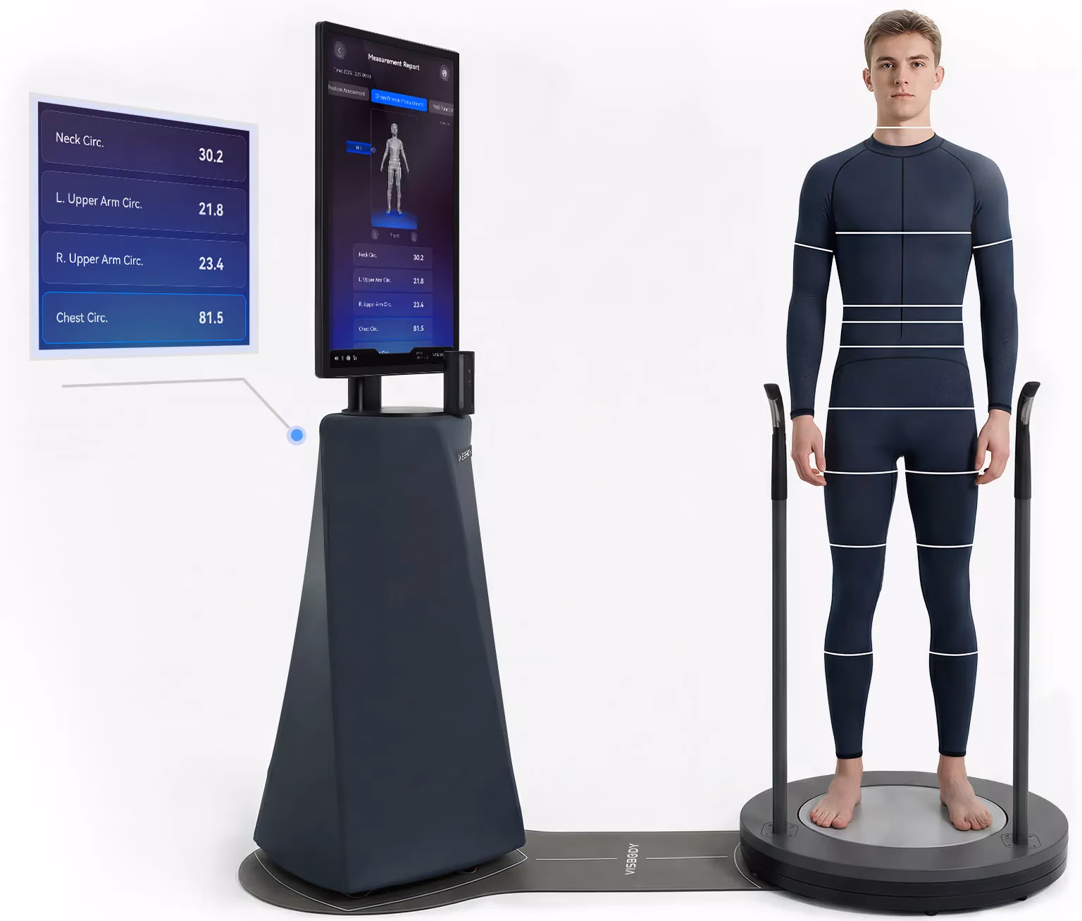Mann bei der automatischen Umfangsmessung mit dem Visbody 3D-Körperscanner
