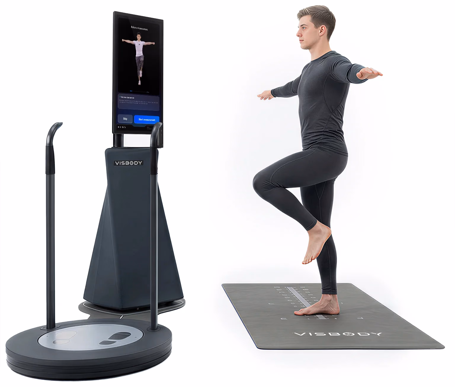 Sportler im Einbeinstand auf der Visbody-Matte während der Gleichgewichtsanalyse
