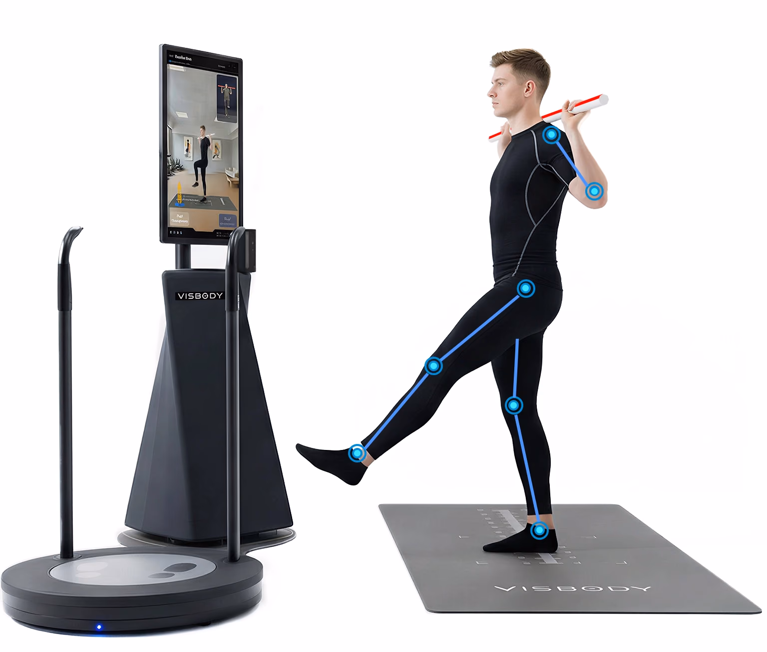 Sportler bei einem Bewegungstest mit Stab neben dem Visbody-T 55, Gelenkpunkte werden per KI erfasst